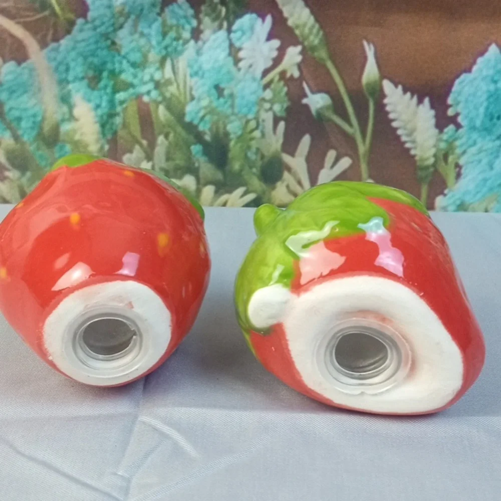 Ceramic Red Strawberry Salt and Pepper Shaker Set with Green Tops